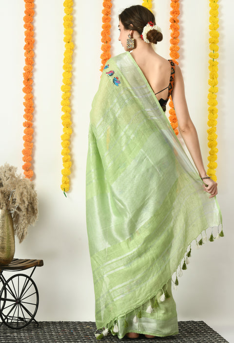 Light Green Pure Linen Handwoven Saree with Cute Bird Digital Embroidery