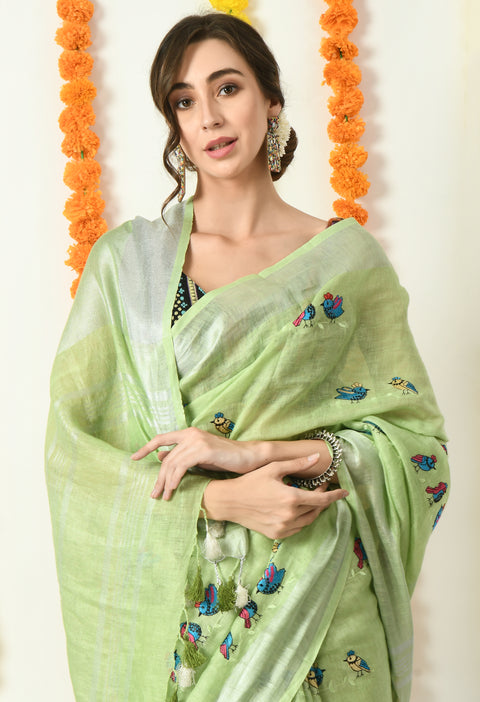 Light Green Pure Linen Handwoven Saree with Cute Bird Digital Embroidery