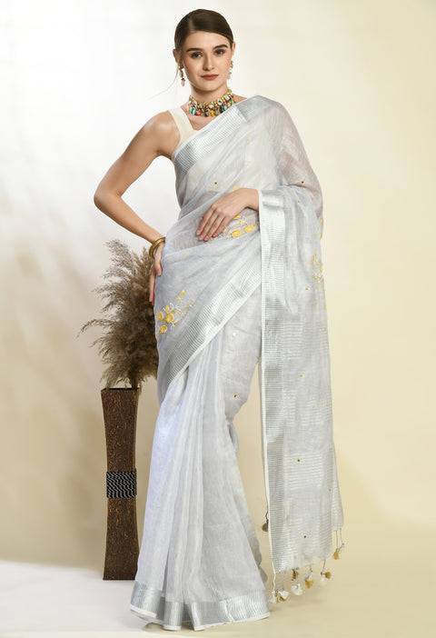 Silver White Tissue Linen Handwoven Saree with Handwork and Beads