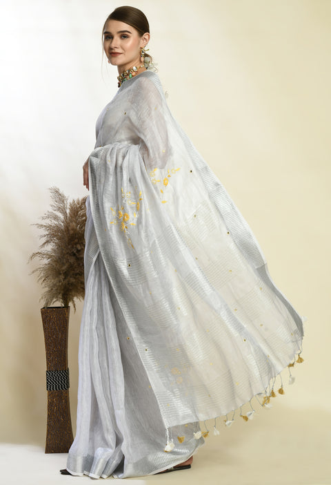 Silver White Tissue Linen Handwoven Saree with Handwork and Beads
