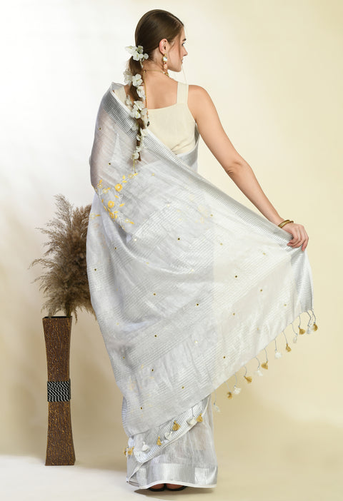 Silver White Tissue Linen Handwoven Saree with Handwork and Beads