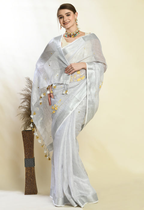 Silver White Tissue Linen Handwoven Saree with Handwork and Beads
