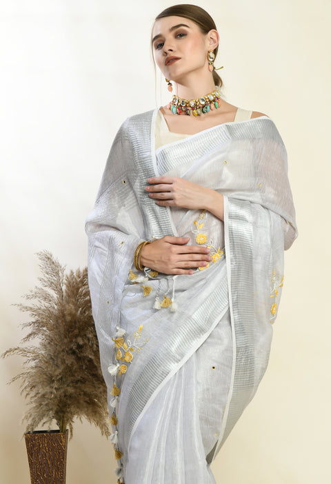Silver White Tissue Linen Handwoven Saree with Handwork and Beads