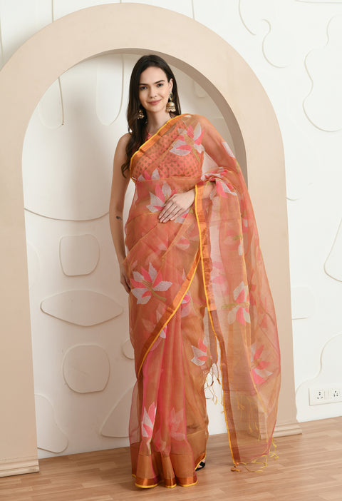 Coral Handwoven Resham Silk Muslin Jamdani Saree