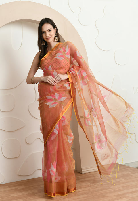 Coral Handwoven Resham Silk Muslin Jamdani Saree