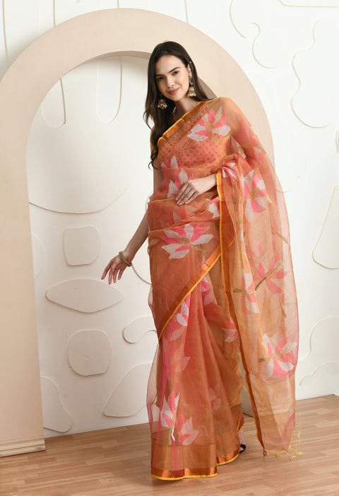 Coral Handwoven Resham Silk Muslin Jamdani Saree