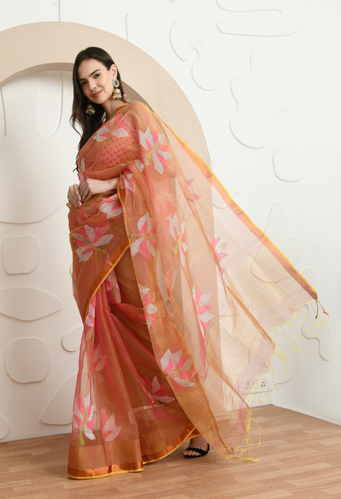 Coral Handwoven Resham Silk Muslin Jamdani Saree