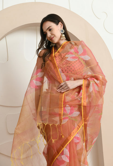 Coral Handwoven Resham Silk Muslin Jamdani Saree