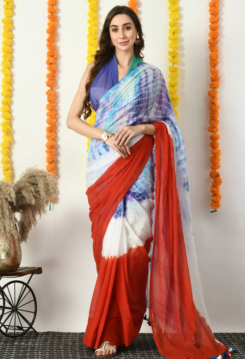 Mul Cotton Shibori Printed Saree (Red)