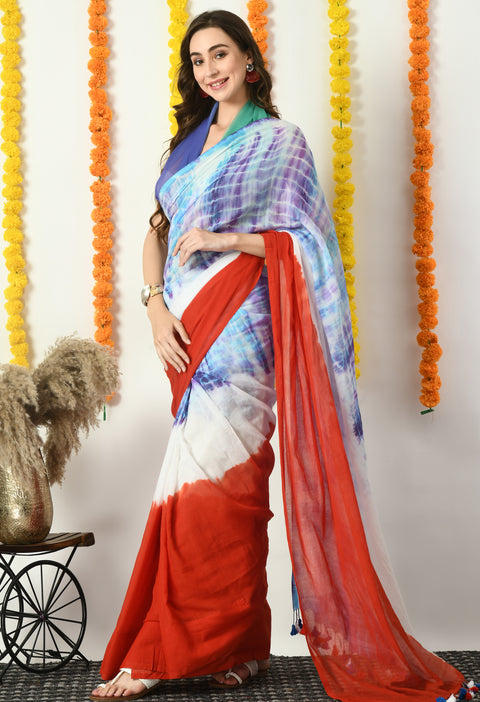 Mul Cotton Shibori Printed Saree (Red)