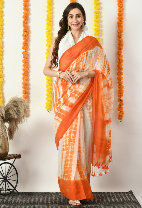 Mul Cotton Shibori Printed Saree (Orange)