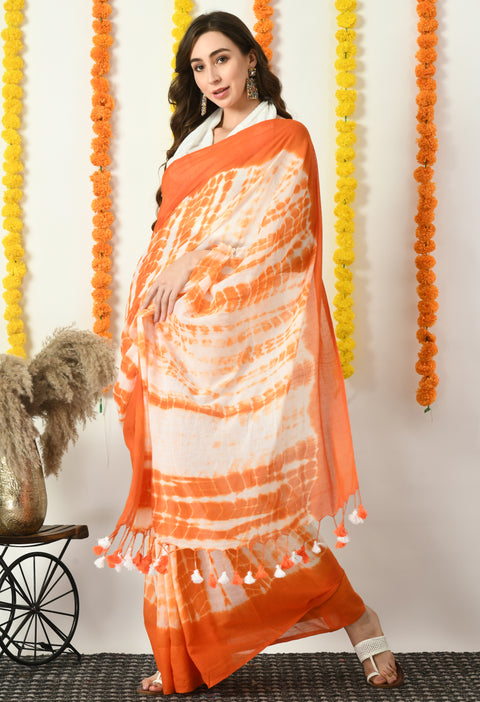 Mul Cotton Shibori Printed Saree (Orange)