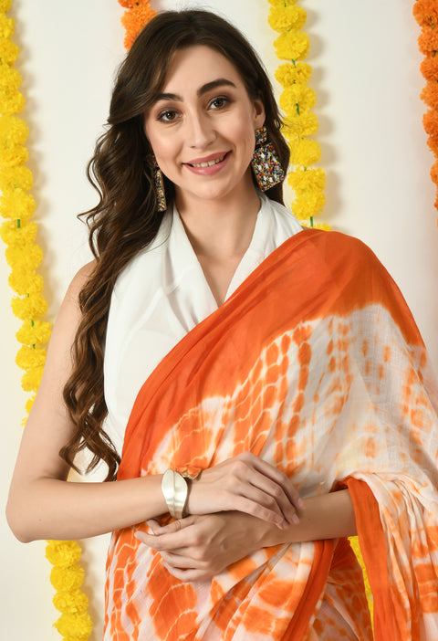 Mul Cotton Shibori Printed Saree (Orange)