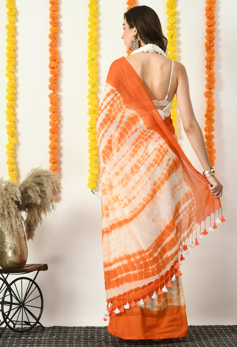 Mul Cotton Shibori Printed Saree (Orange)