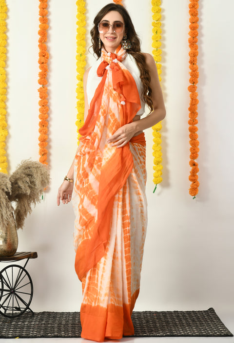 Mul Cotton Shibori Printed Saree (Orange)