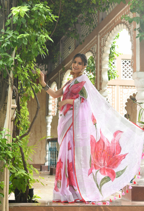 Baby Pink Hand Painted Pure Linen Saree
