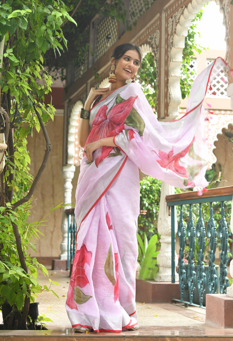 Baby Pink Hand Painted Pure Linen Saree