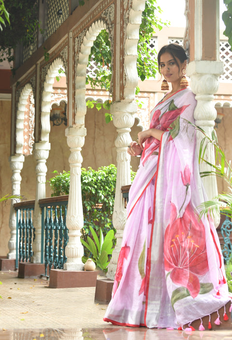Baby Pink Hand Painted Pure Linen Saree