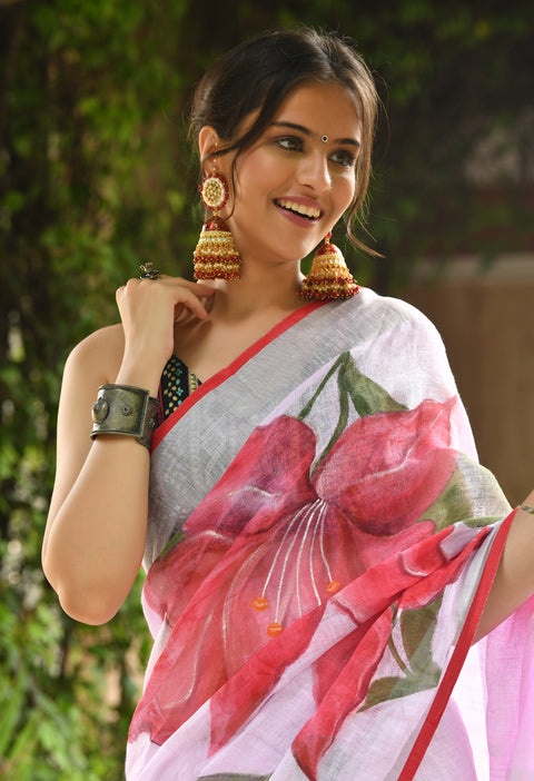 Baby Pink Hand Painted Pure Linen Saree