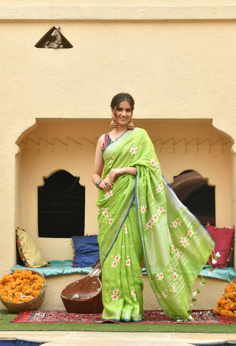 Green Hand Painted Pure Linen Saree