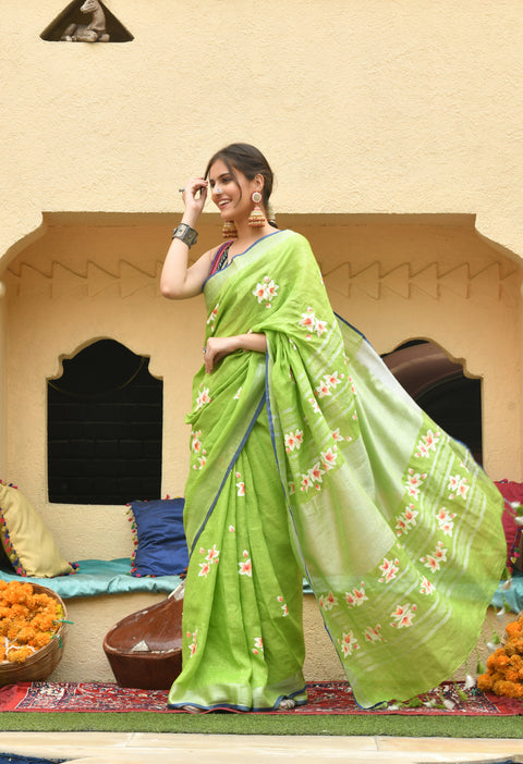 Green Hand Painted Pure Linen Saree