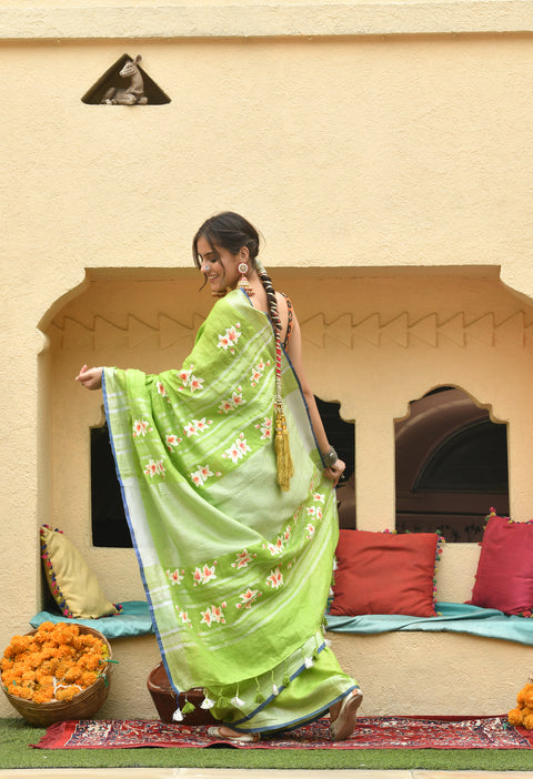 Green Hand Painted Pure Linen Saree