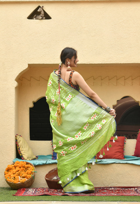 Green Hand Painted Pure Linen Saree