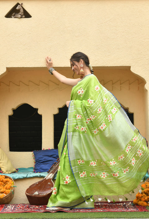 Green Hand Painted Pure Linen Saree