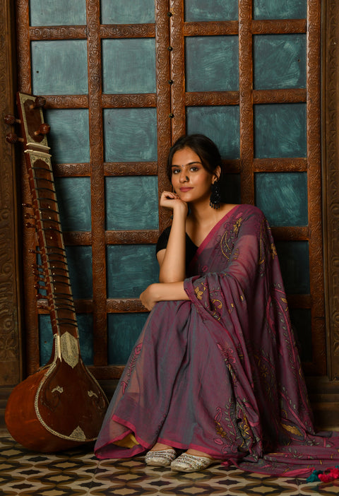 Purple Berry Hand-Embroidered Kantha Mul Cotton Saree