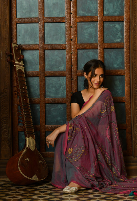 Purple Berry Hand-Embroidered Kantha Mul Cotton Saree