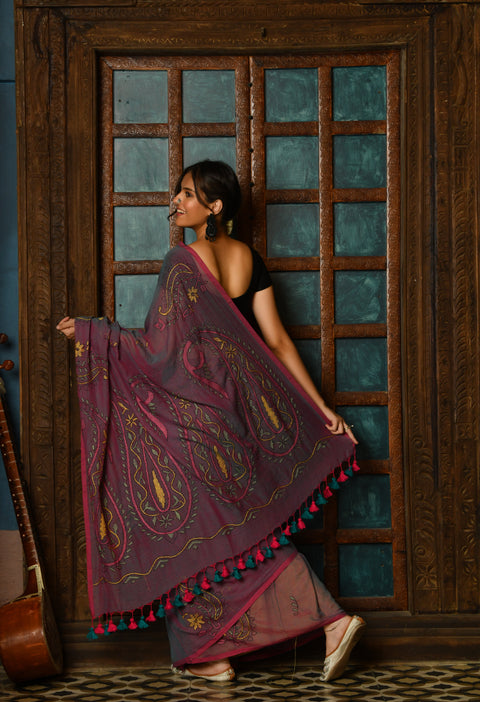 Purple Berry Hand-Embroidered Kantha Mul Cotton Saree