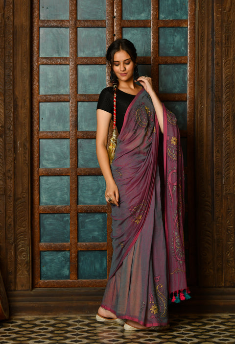 Purple Berry Hand-Embroidered Kantha Mul Cotton Saree