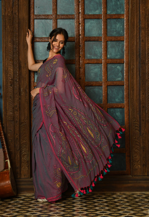 Purple Berry Hand-Embroidered Kantha Mul Cotton Saree