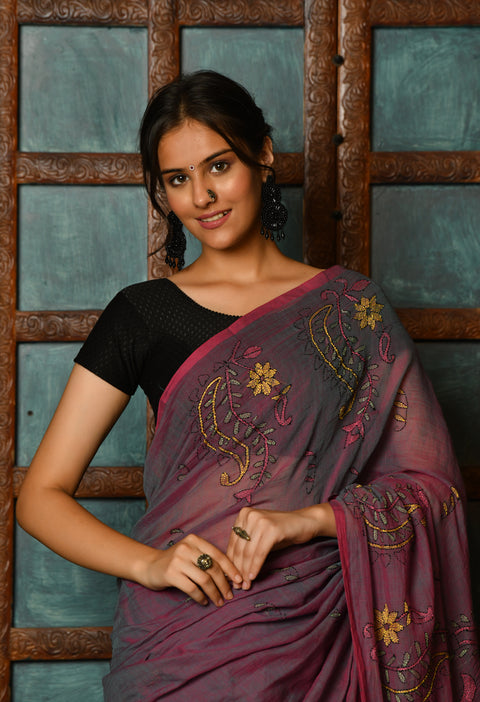 Purple Berry Hand-Embroidered Kantha Mul Cotton Saree