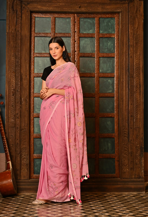 Cotton Candy Pink Hand-Embroidered Kantha Mul Cotton Saree