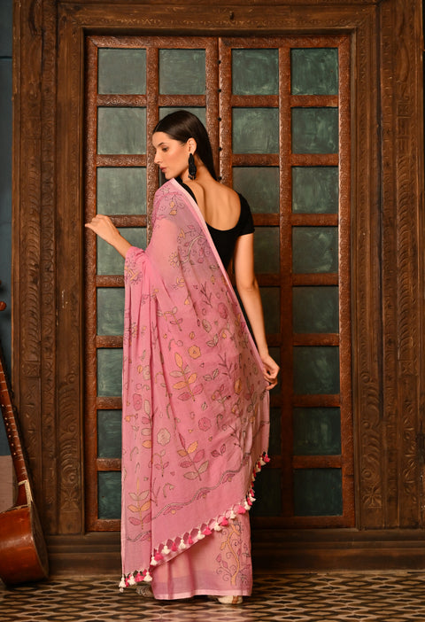 Cotton Candy Pink Hand-Embroidered Kantha Mul Cotton Saree