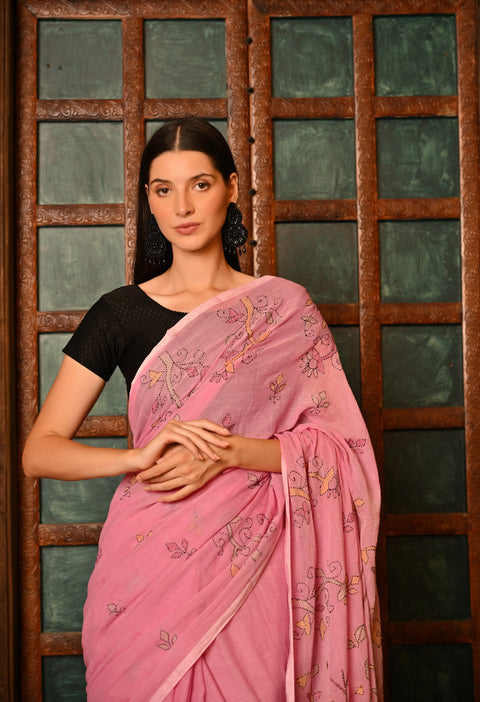 Cotton Candy Pink Hand-Embroidered Kantha Mul Cotton Saree