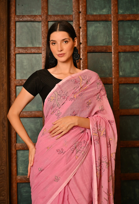 Cotton Candy Pink Hand-Embroidered Kantha Mul Cotton Saree