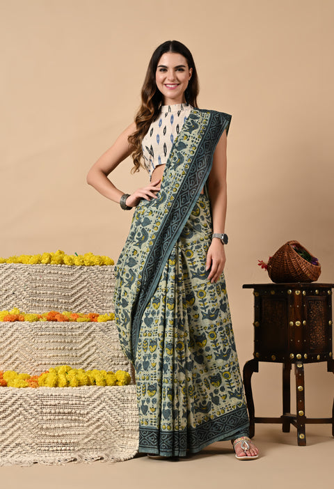 Hand Block Printed Ajrakh Cotton Saree - Blue/Green