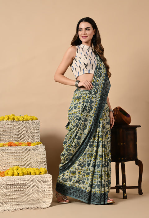 Hand Block Printed Ajrakh Cotton Saree - Blue/Green