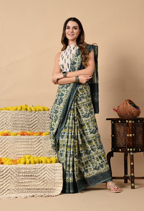 Hand Block Printed Ajrakh Cotton Saree - Blue/Green