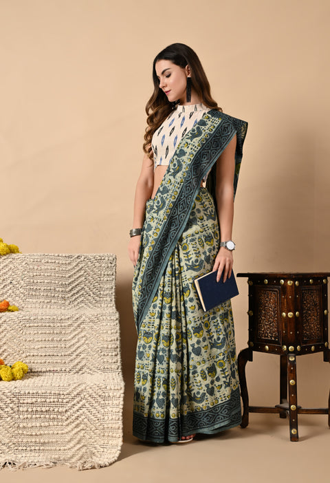 Hand Block Printed Ajrakh Cotton Saree - Blue/Green