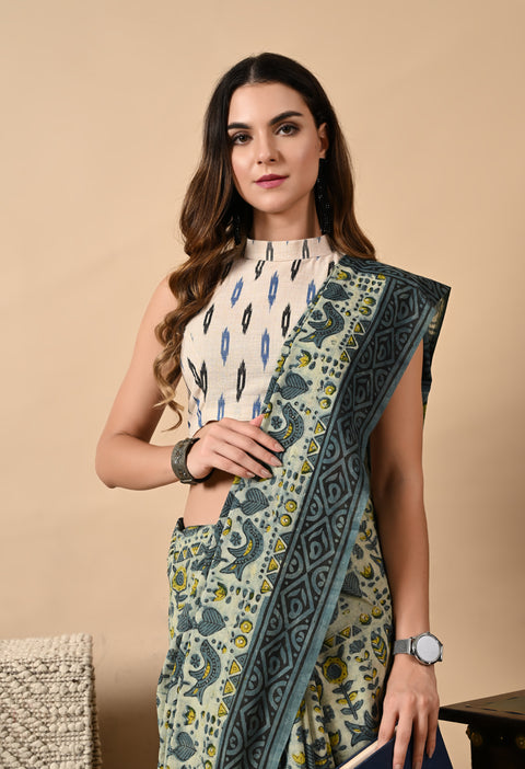 Hand Block Printed Ajrakh Cotton Saree - Blue/Green