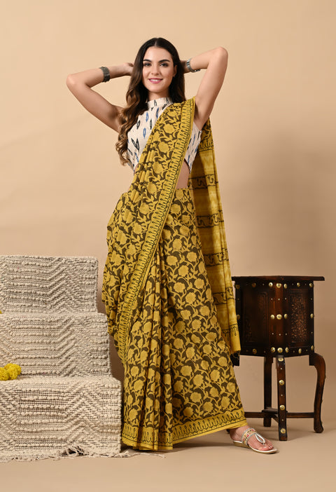 Hand Block Printed Ajrakh Cotton Saree - Yellow