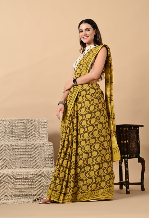 Hand Block Printed Ajrakh Cotton Saree - Yellow