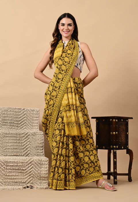 Hand Block Printed Ajrakh Cotton Saree - Yellow