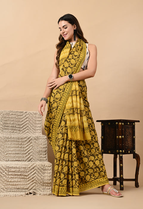 Hand Block Printed Ajrakh Cotton Saree - Yellow