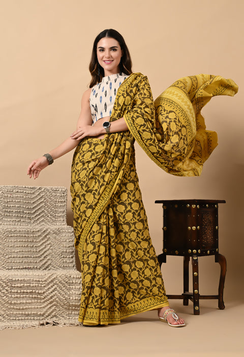 Hand Block Printed Ajrakh Cotton Saree - Yellow