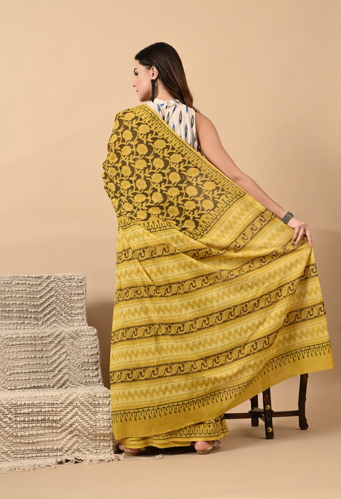 Hand Block Printed Ajrakh Cotton Saree - Yellow