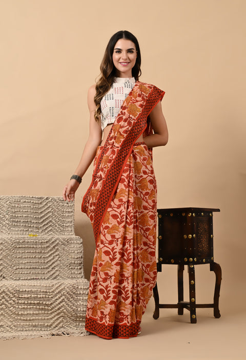 Hand Block Printed Ajrakh Cotton Saree - Red